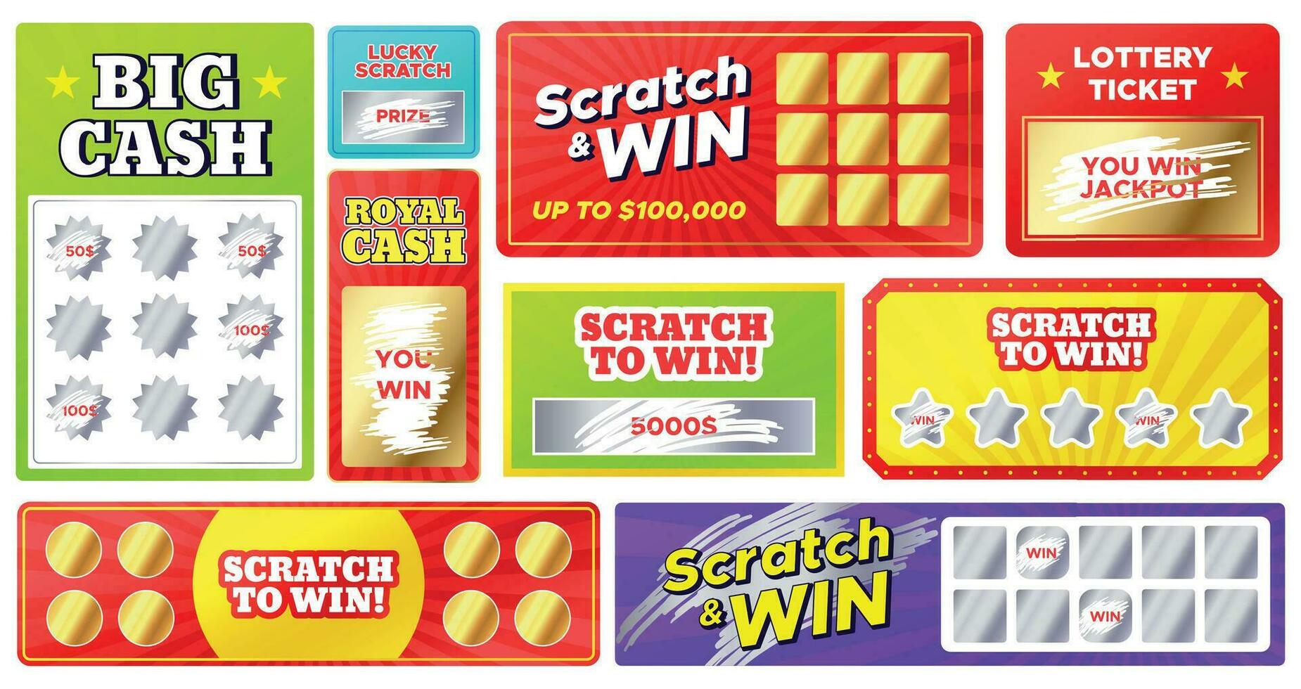 Scratch cards. Lottery games cards with lucky winning tickets and loser scratch marks. Gambling, fast win jackpot, scratching vector coupons.