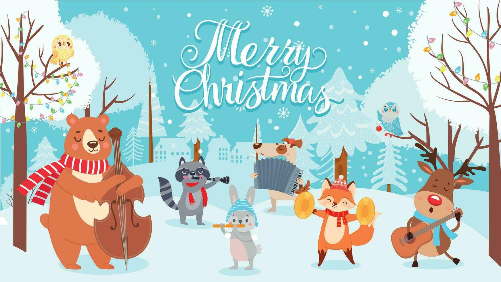 Animals celebrating christmas. Xmas cute card with happy animals musicians, winter forest with holiday decoration vector background