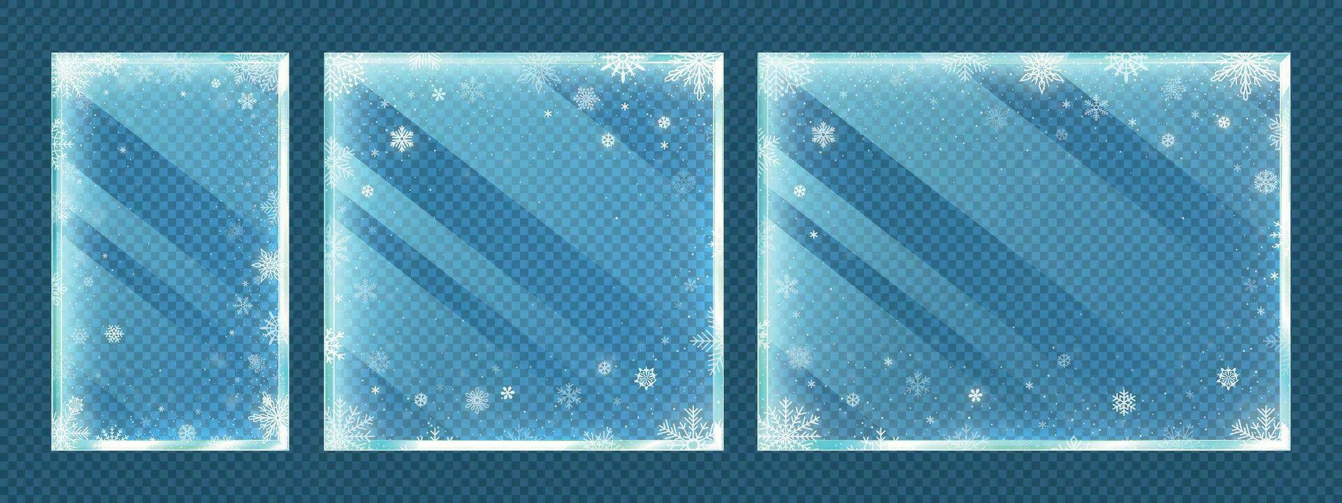 Frozen glass frames with snowflakes. Winter window border set with snow frost and ice effect isolated on transparent background vector