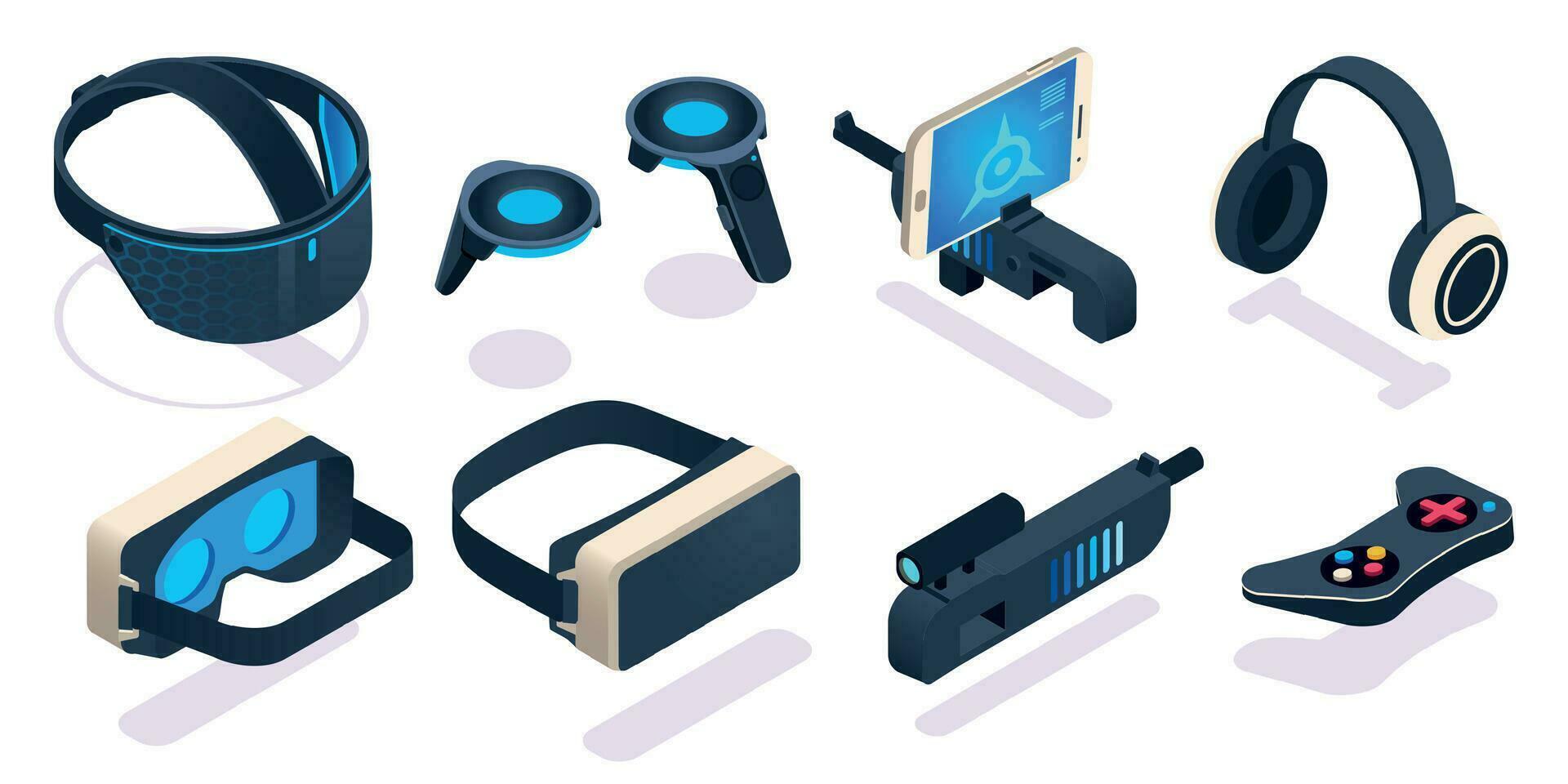 Virtual reality gaming equipment. Digital device or portable gadget for games as 3d glasses, headset, joystick vector