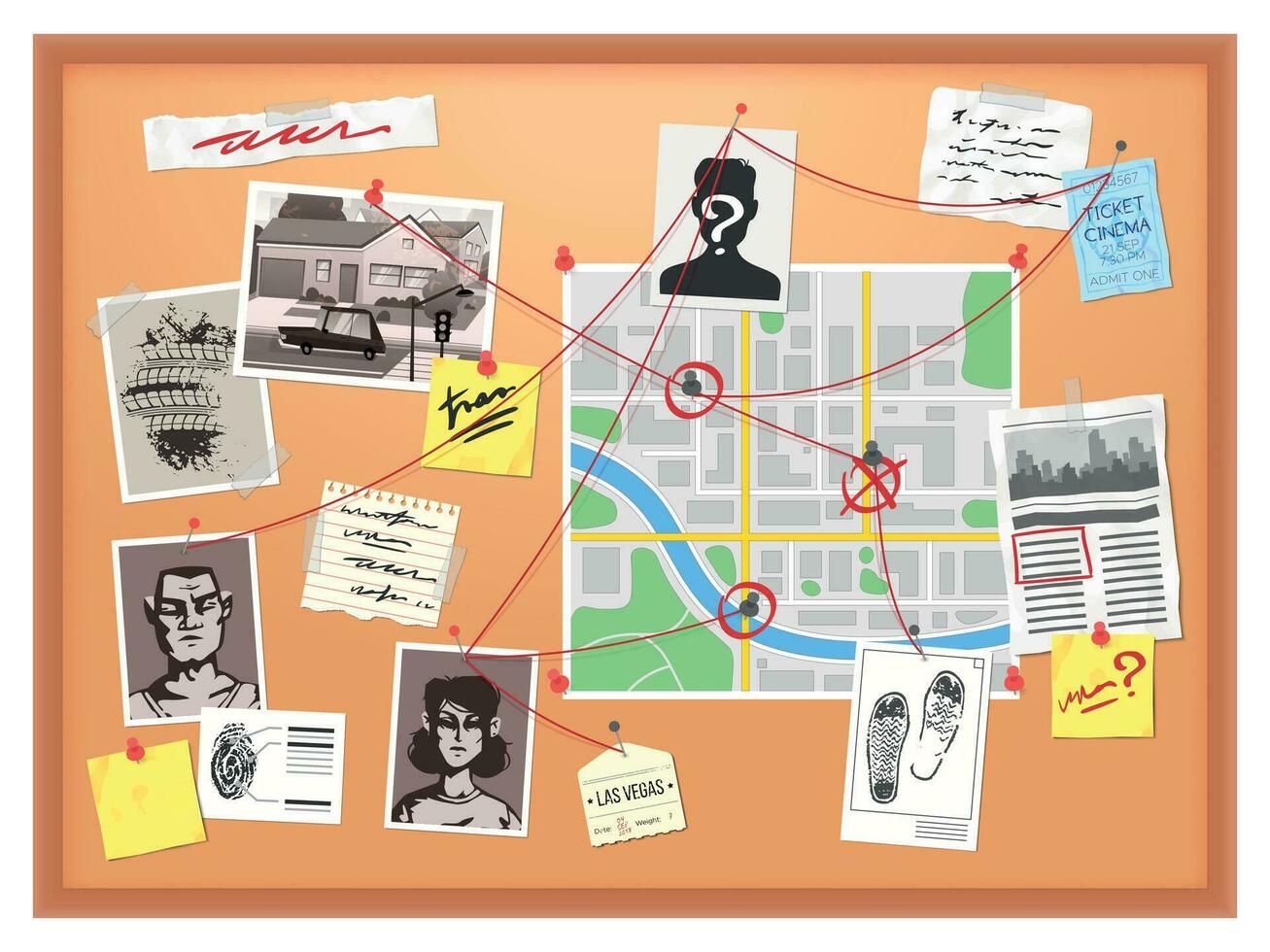 Detective board. Cops crime investigation plan, board with pinned photos, newspapers and notes, map structural analysis vector illustration