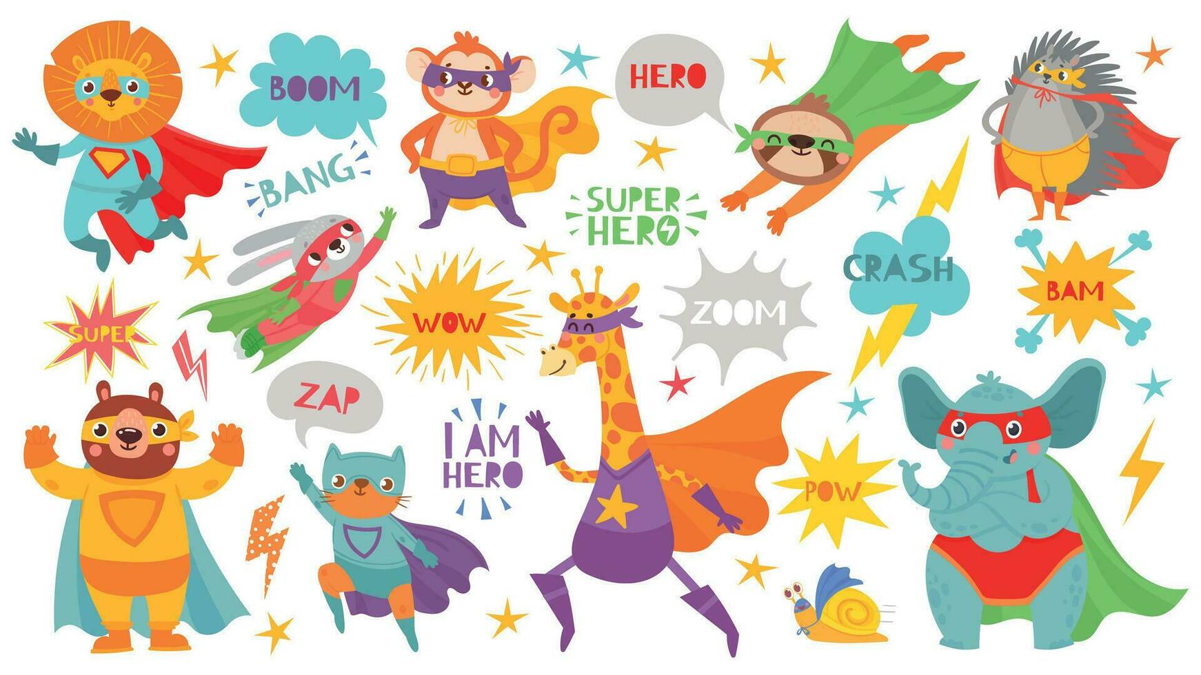 Superhero animals. Cute hero animals with capes and playful masks, brave funny animal comic speech bubbles, cartoon vector characters