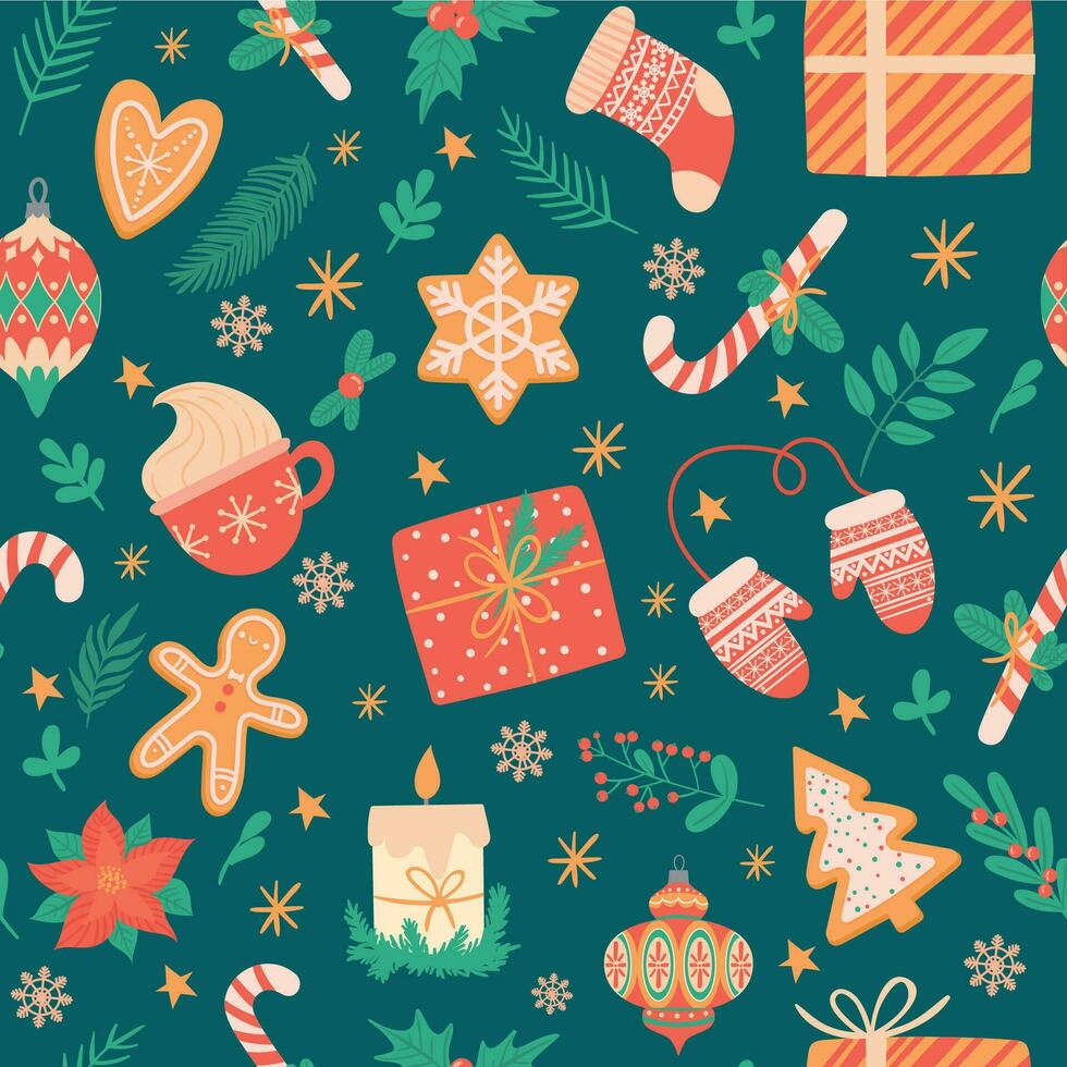 Christmas seamless pattern. Traditional xmas attributes, christmas tree toys, gingerbread, presents for cards and wrapping vector texture