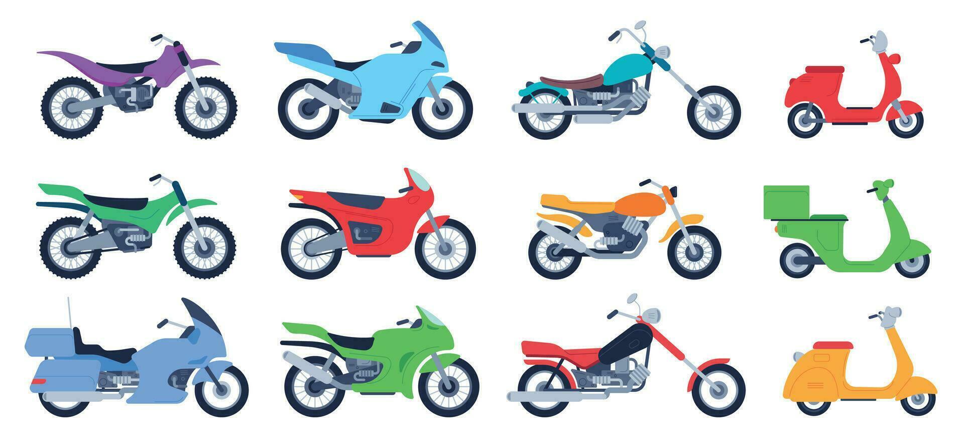 Flat motorbike. Biker motorcycles, city delivery scooters and road bikes. Retro choppers, sport motorcycle and motor side view vector illustration set