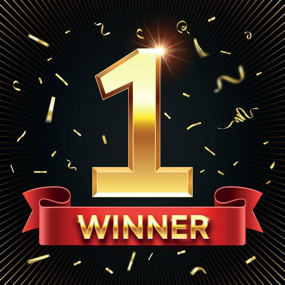 Winner banner. 1 place in competition. Shining golden number one with red ribbon and falling confetti. vector