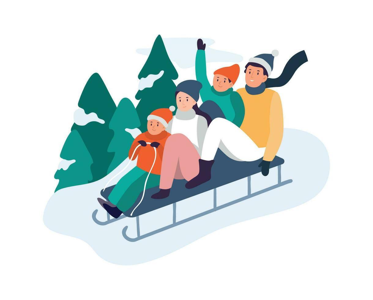 Winter activities. Happy family riding sledge down hill near fir trees. Parents with kids riding sledding slide vector