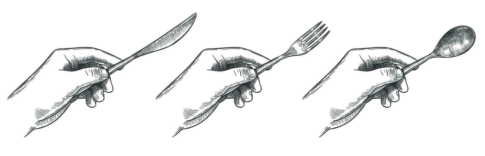 Engraved hands holding cutlery. Hold in hand table knife, spoon and fork for eating food hand drawn vector illustration set