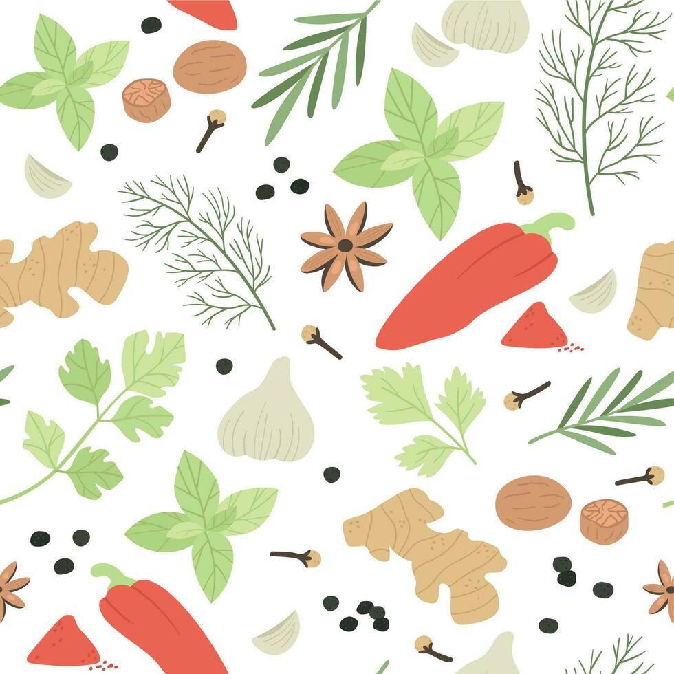 Spices seamless pattern. Hand drawn aromatic cooking ingredients cardamom and ginger, basil and thyme, barberry, dill vector texture