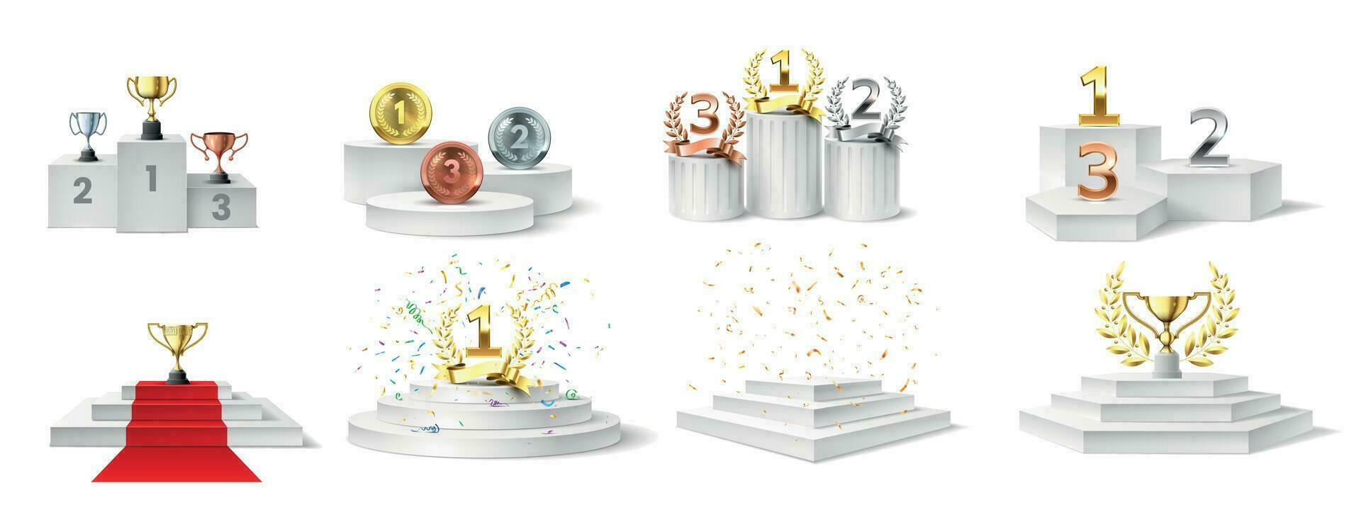 Winner podium, medal and cups. Trophies on illuminated podium for ceremony award, prizes on stair-steps pedestal, realistic vector set