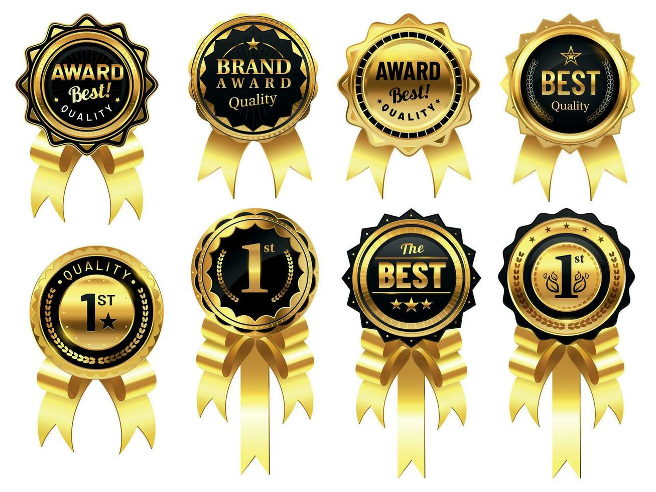 Luxury golden badges with ribbons. Award for best quality, first place medal. Premium design labels for business vector