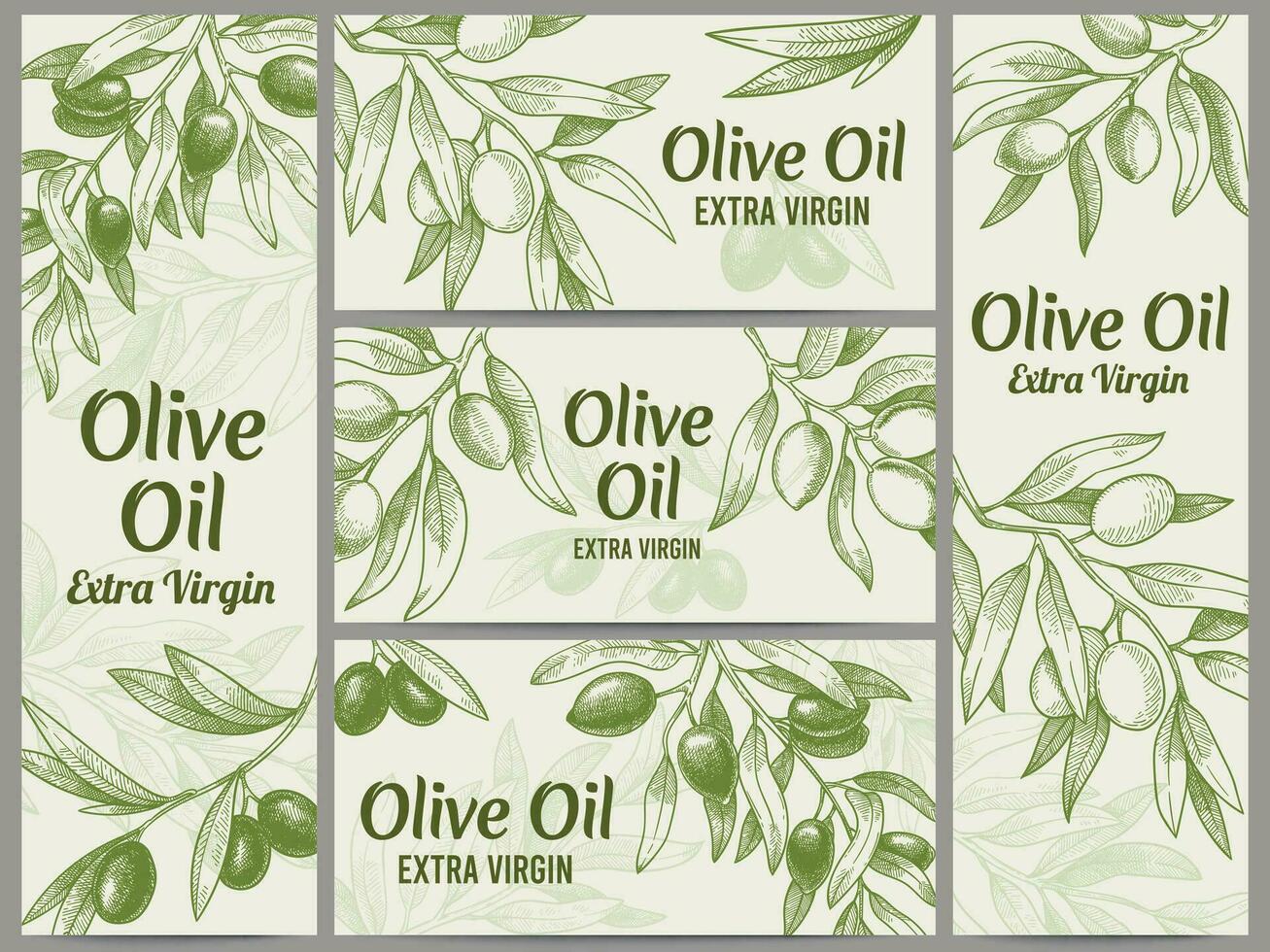 Olive oil banner. Organic oils labels, green olive branches and extra virgin vector label vector illustration set