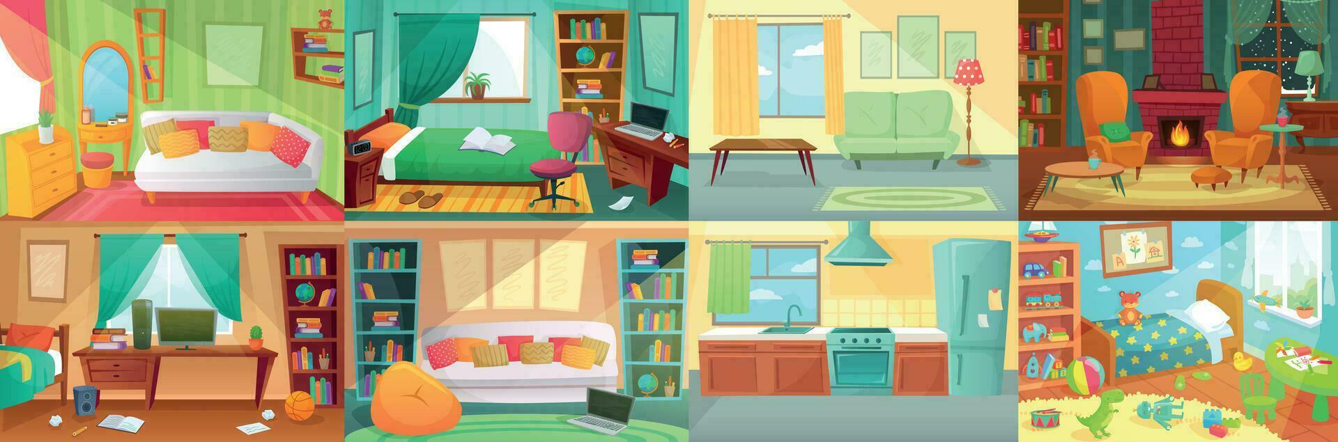 Room interior. Bedroom, living room, kitchen, kids bedroom with furniture. Teenage room with bed, table vector