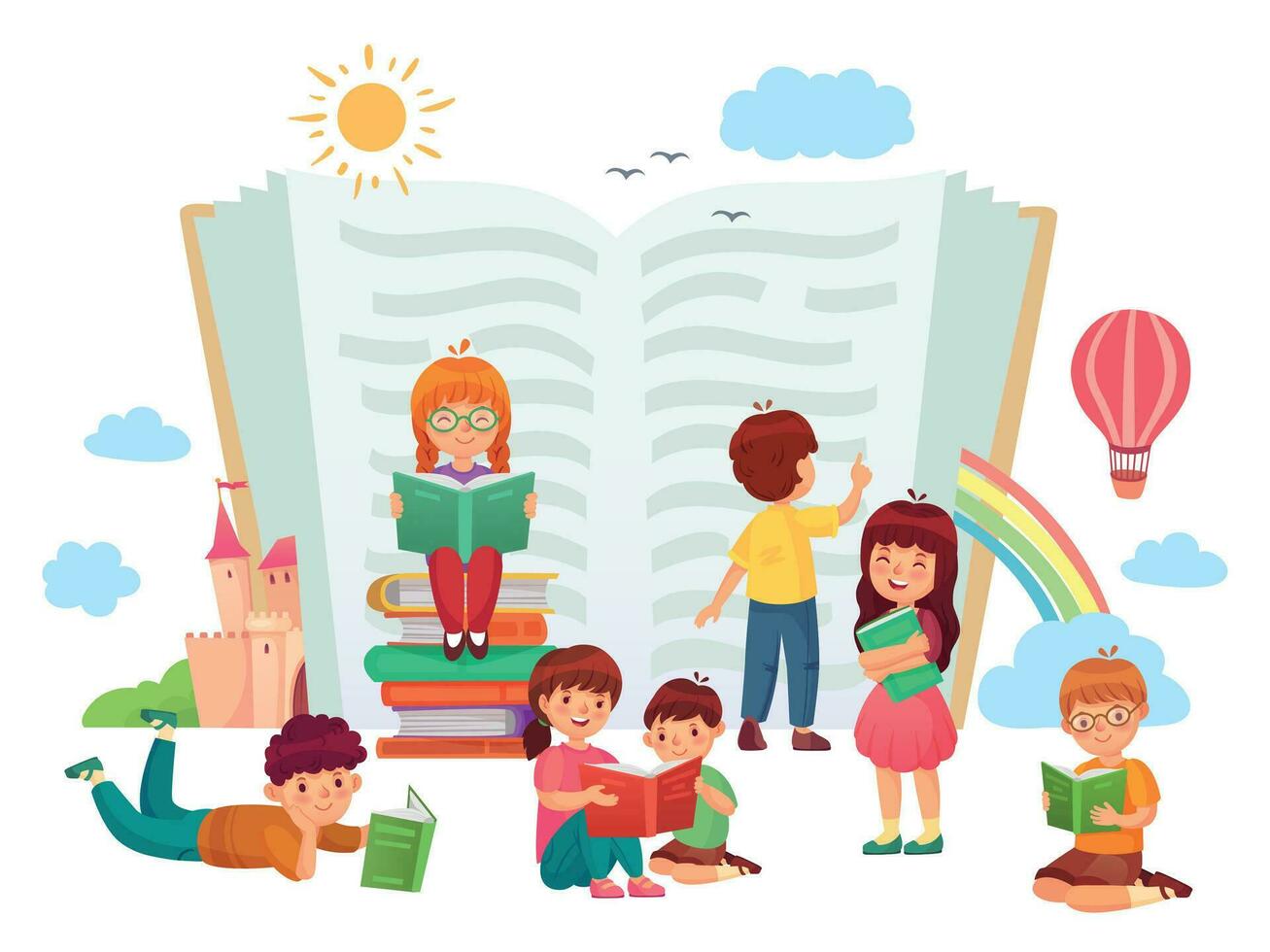 niños leyendo libros. niños en grupo disfrutando literatura, amoroso a leer. Niños y muchachas aprendizaje o estudiando vector