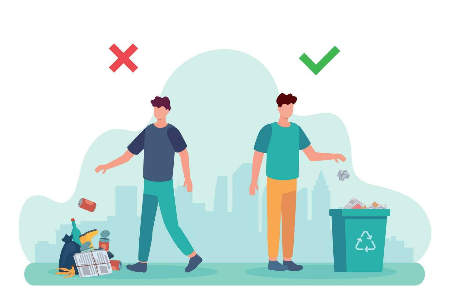 Littering behavior. Infographic of correct and wrong examples of throwing out garbage. Illustration of man disposing trash in container vector