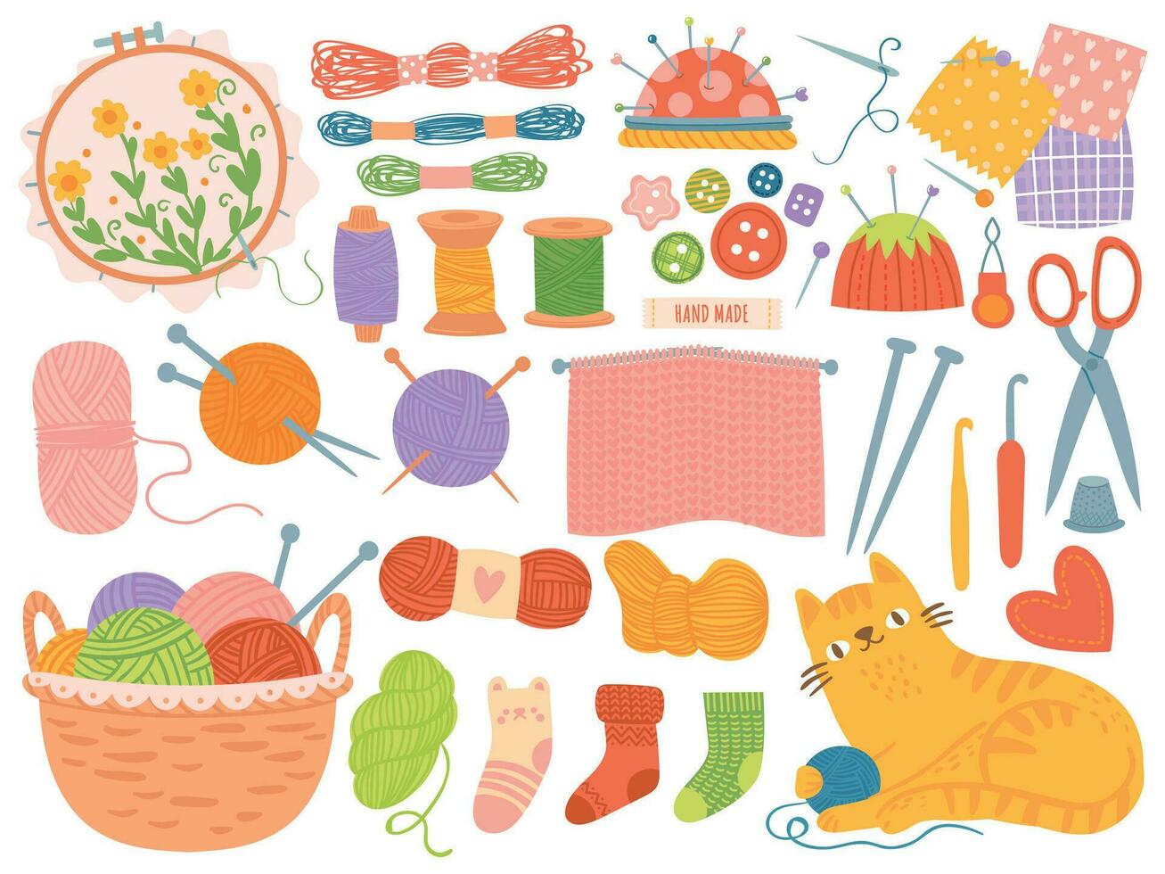 Knitting threads. Handicraft accessories, thread, needles, yarn balls. Scissors, crochet, handmade needlework hobby, cartoon vector set