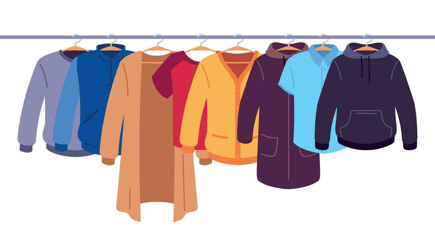 Clothes on hangers. Storage of men and women garments on hangers, apparel hanging on rack, wardrobe inner space flat vector concept
