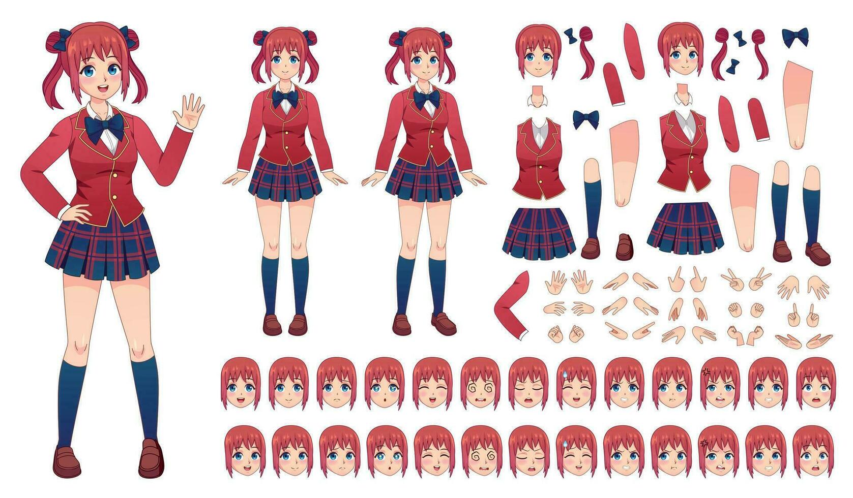 Anime girls character kit. Cartoon school girl uniform in japanese style. Kawaii manga student poses, faces, emotions and hands vector set