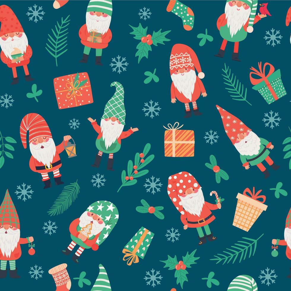 Gnomes seamless pattern. Funny christmas dwarfs and gifts, winter festive print children textile, wrapping paper, wallpaper vector texture