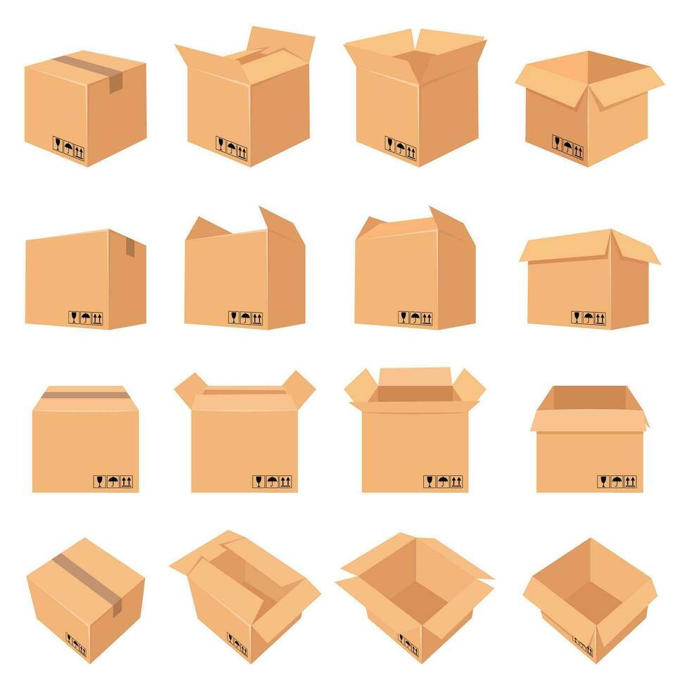 Open and closed cardboard box. Delivery package in side, front and top view. Packaging process. Carton boxes with fragile signs vector set