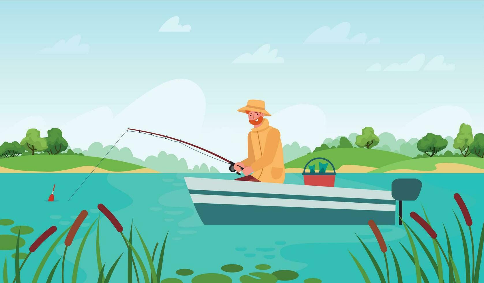 pescador pesca. hombre en barco con pescar varilla esperando picar pez, relajación pasatiempo al aire libre verano paisaje dibujos animados vector concepto