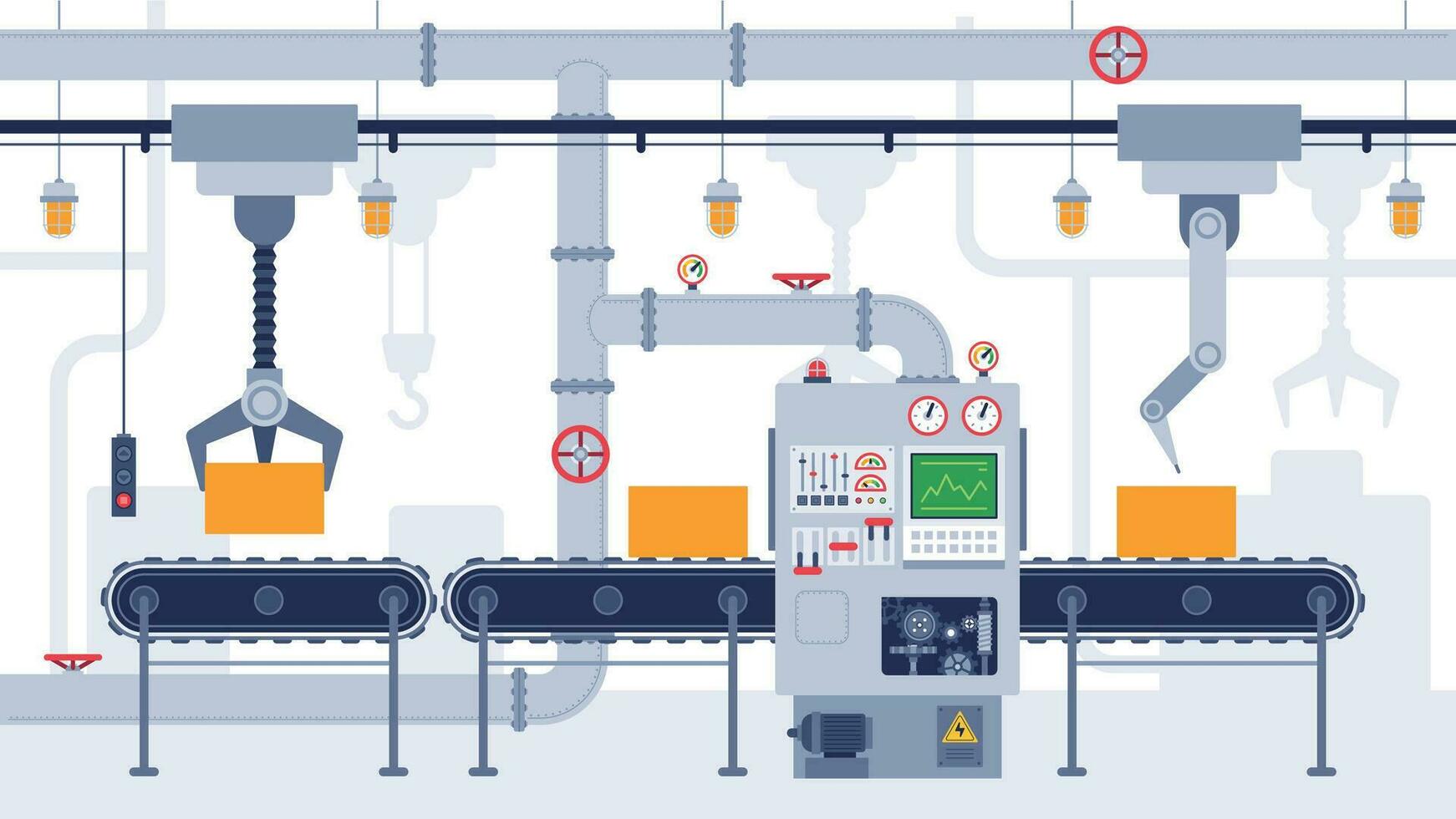 Conveyor. Industrial conveyor belt, manufacturing equipment, product transportation process, efficient automation production vector concept