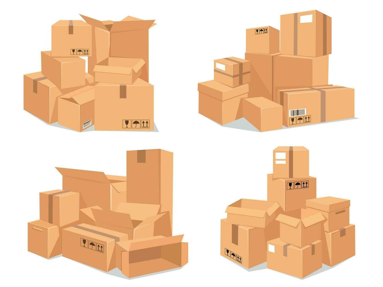 Carton box stack. Big pile of delivery brown cardboard boxes. Cartoon stacked warehouse parcels. Packing for moving to new house vector set