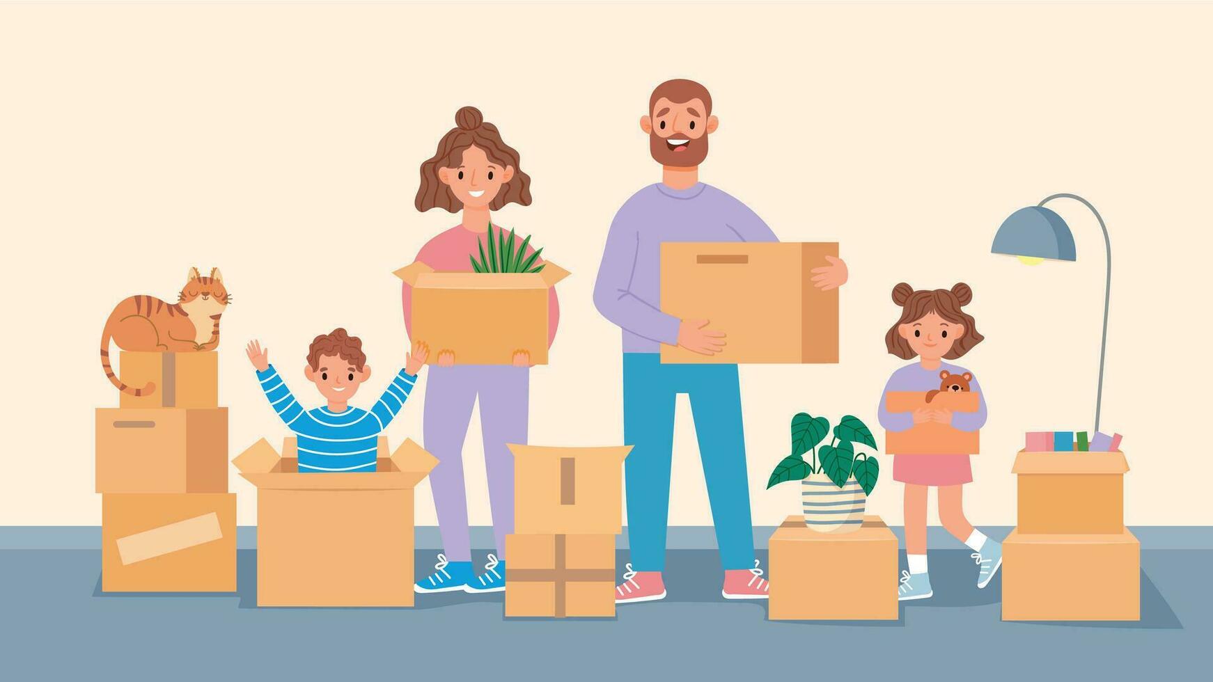 Happy moving family. Cartoon parents and kids move to new home, packing belongings. People carry boxes. Moving to apartment vector concept