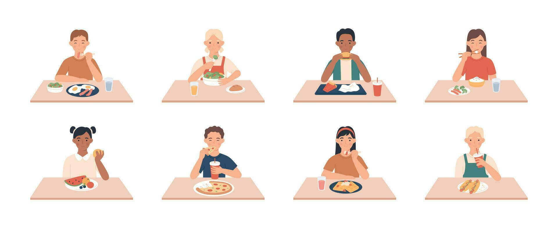 niños comer. contento Niños, muchachas grupo comiendo delicioso comidas y bebidas a mesa, disfrutando desayuno, almuerzo niños dibujos animados vector caracteres