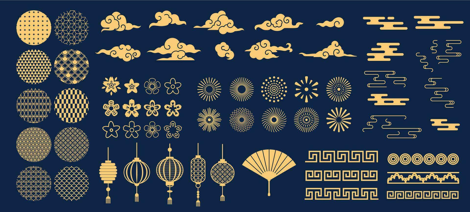 Chinese elements. Asian new year gold decorative patterns and lanterns, flowers, clouds and ornaments traditional oriental style vector set