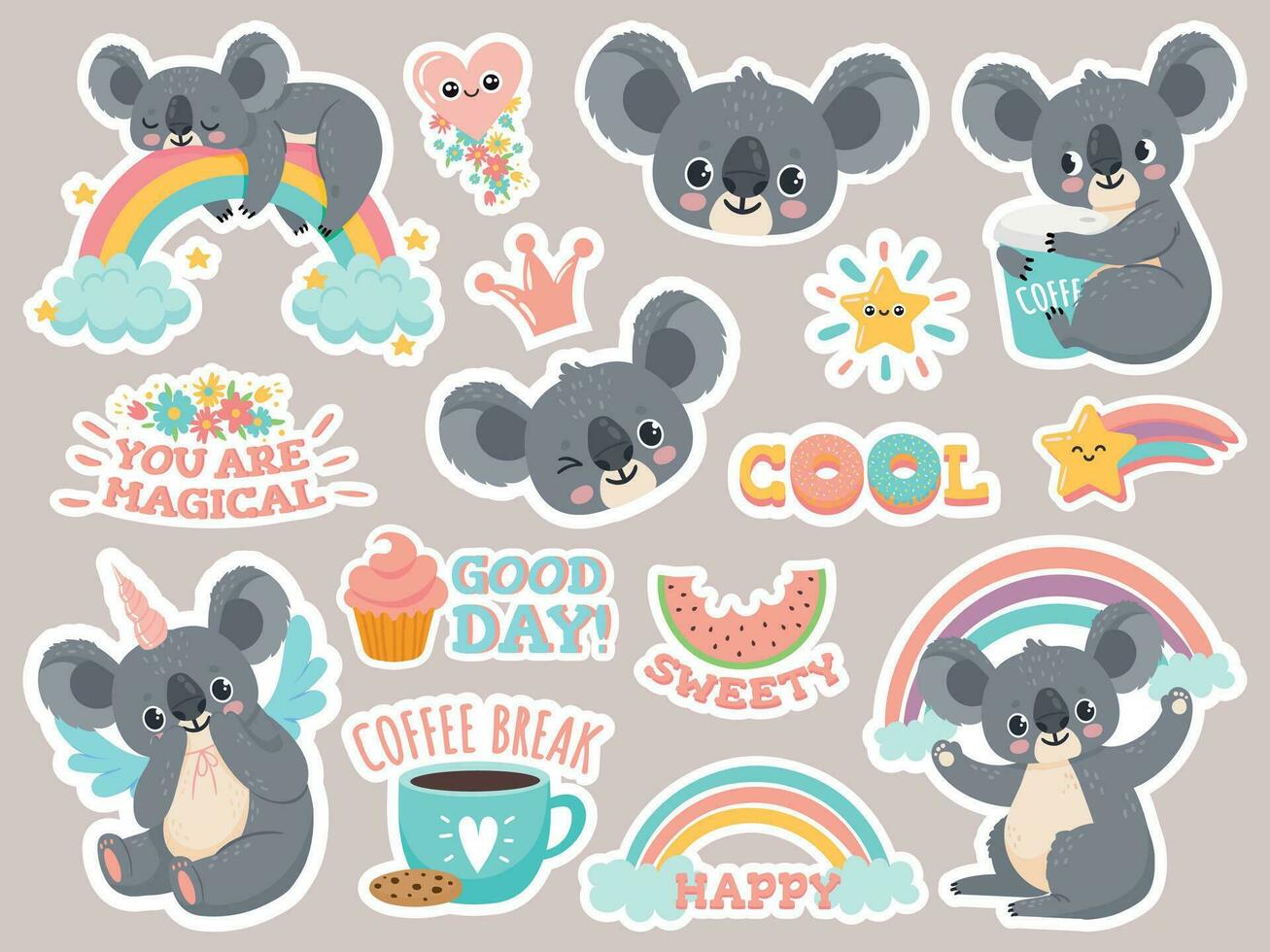 Magic koala stickers. Lazy australian koalas sleeping on rainbow. Patches with cute baby animal unicorns. Happy fairytale cartoon vector set