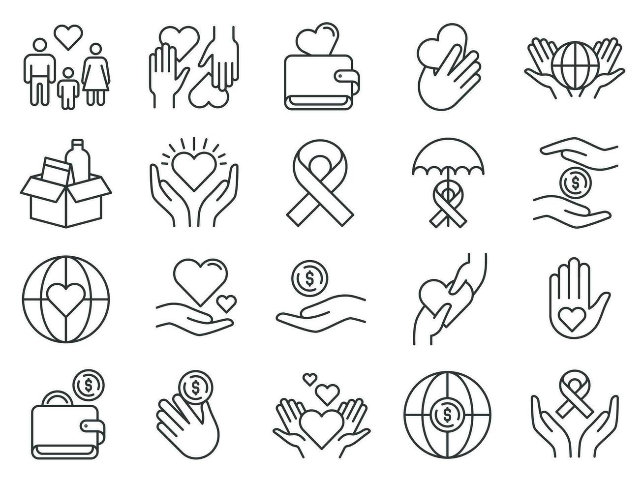 Charity and donation icon. Hands donating money and hearts. Community support icons. Family adopt, food help, aids, love and care vector set