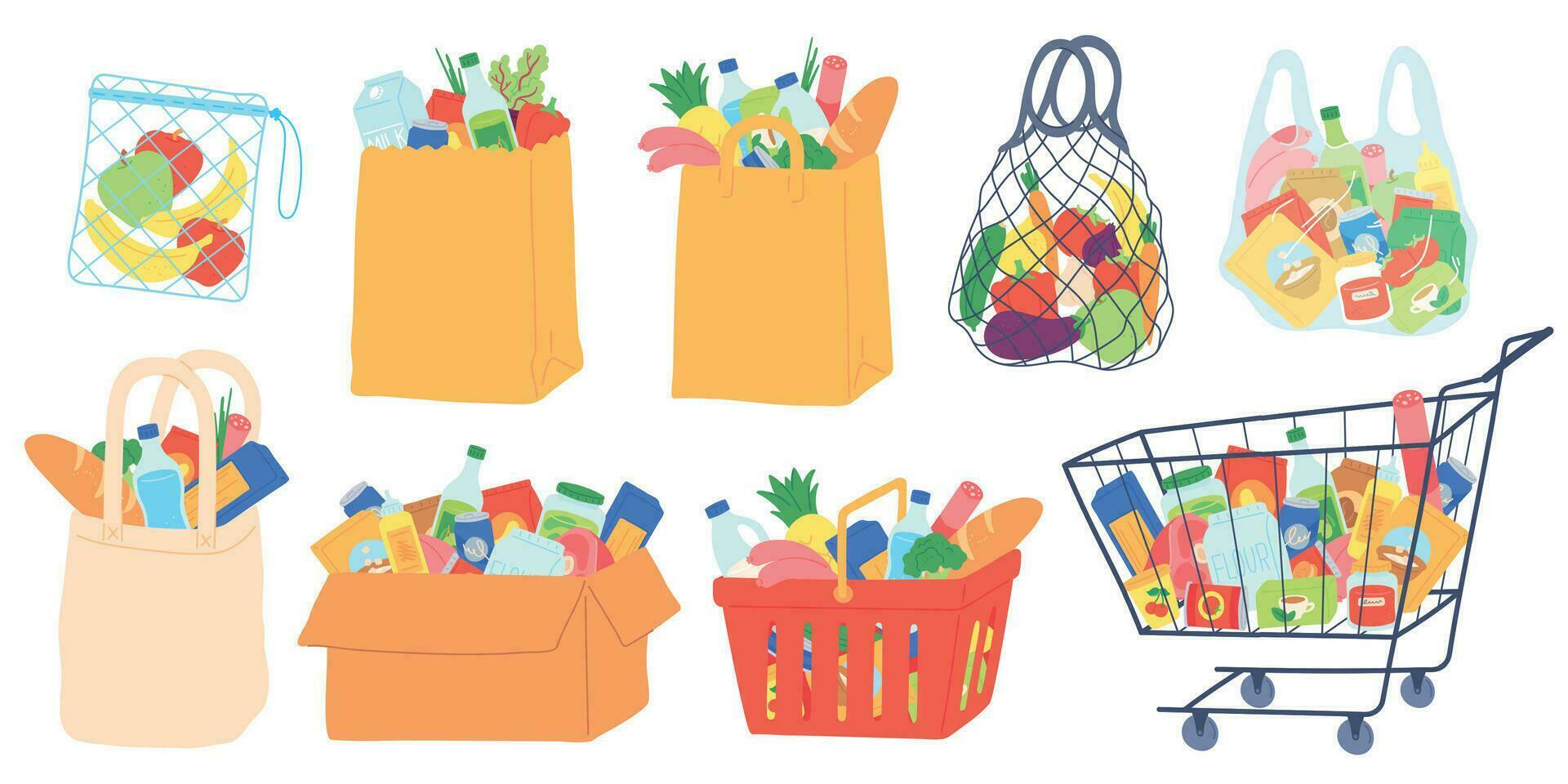 Grocery bags and carts. Shopping basket, paper and plastic packages, eco bag with organic food. Supermarket goods and groceries vector set
