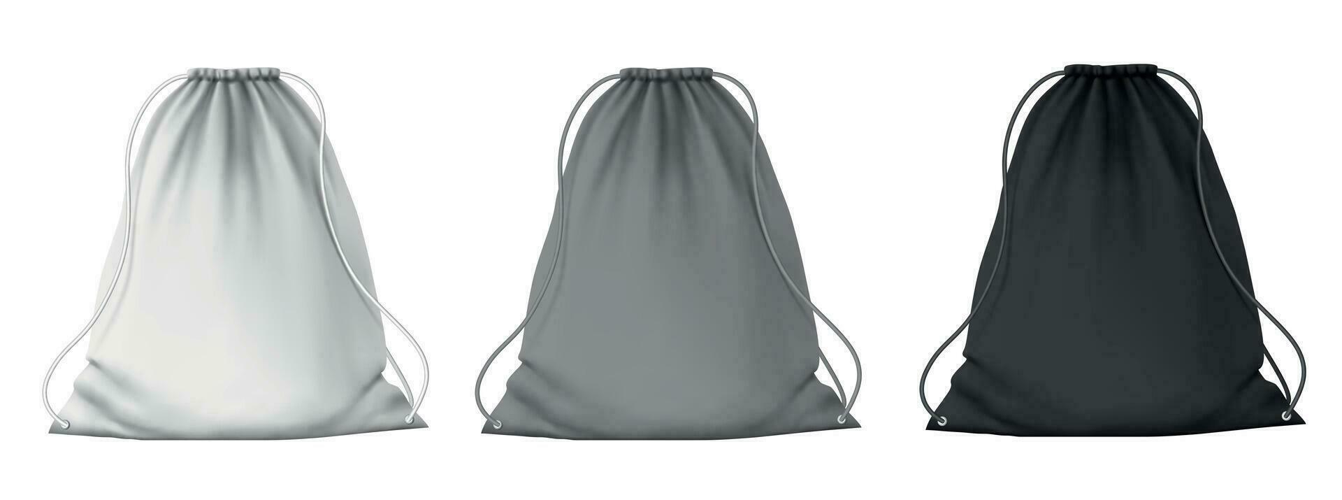 Sport backpack mockup. School blank drawstring bags with strings for clothes and shoes. Realistic 3D white, gray and black pouch vector set