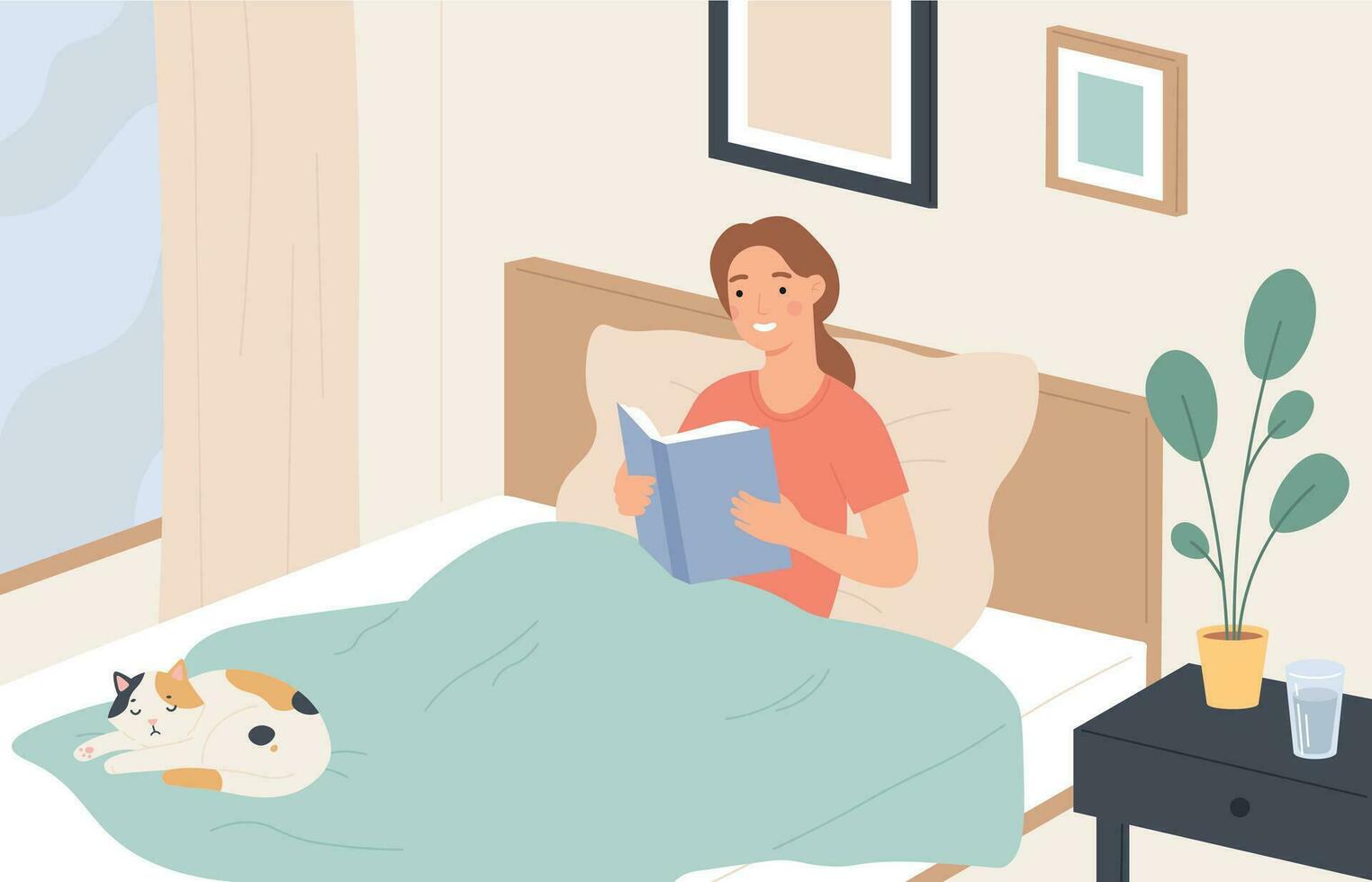 mujer leyendo en cama. joven niña lee libro y relaja en sofá. perezoso hogar descansar, leyendo literatura antes de durmiendo, plano vector concepto