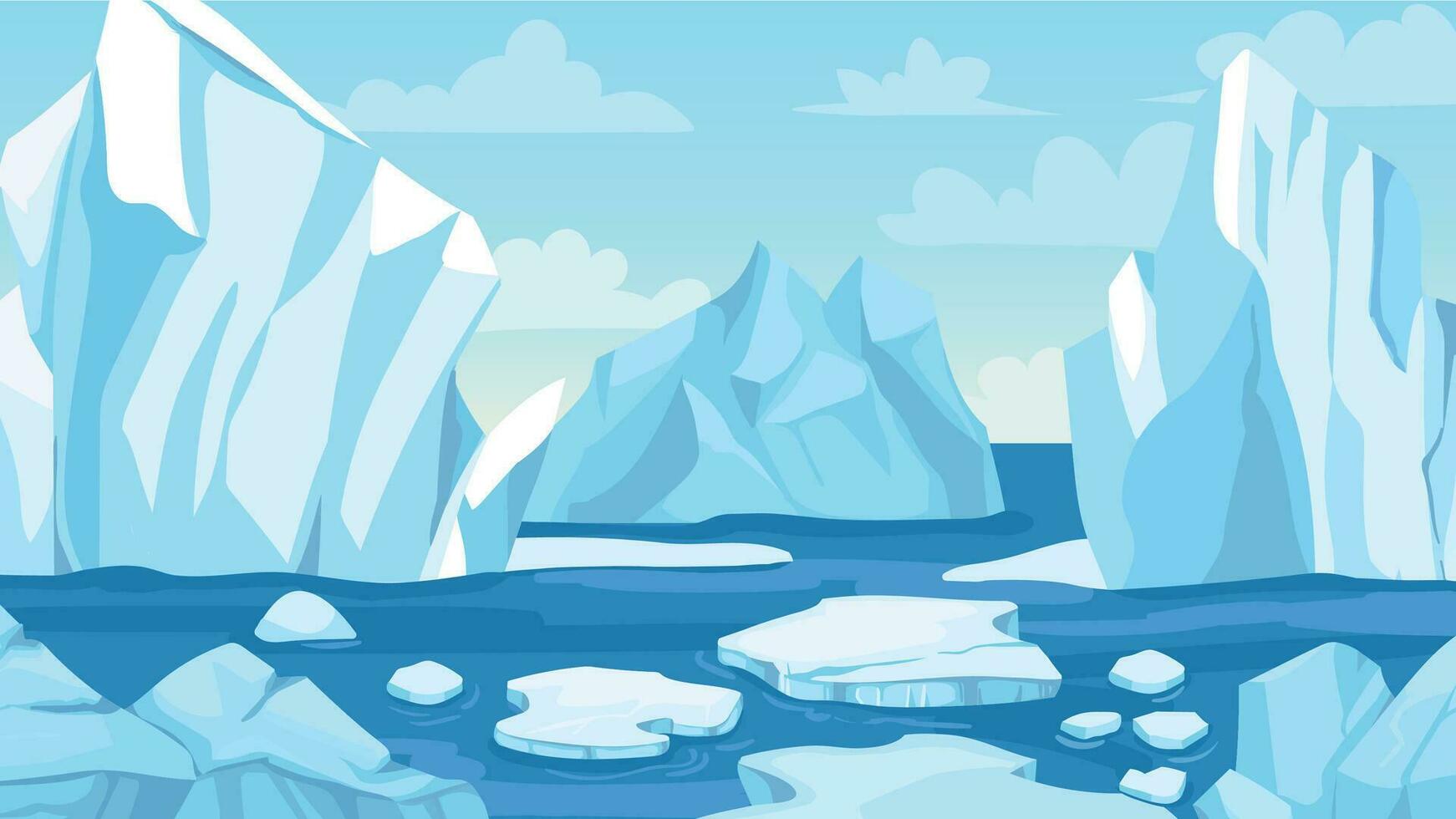 Cartoon arctic landscape. Icebergs, blue pure water glacier and icy cliff snow mountains. Greenland polar nature panoramic vector background