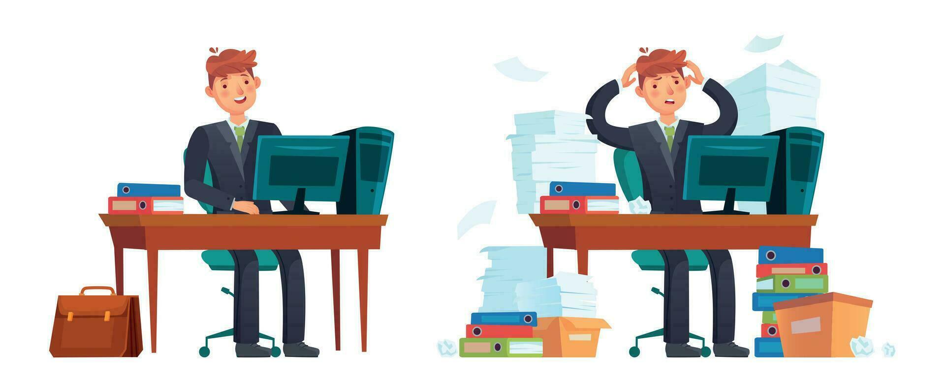 Businessman at workplace. Happy and stressed office worker vector