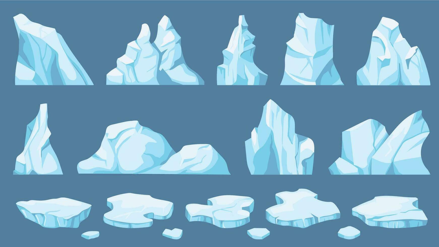 Cartoon arctic ice. Icebergs, blue floes and ice crystals. Icy cliff, cold frozen block of different shapes for game and decor vector set