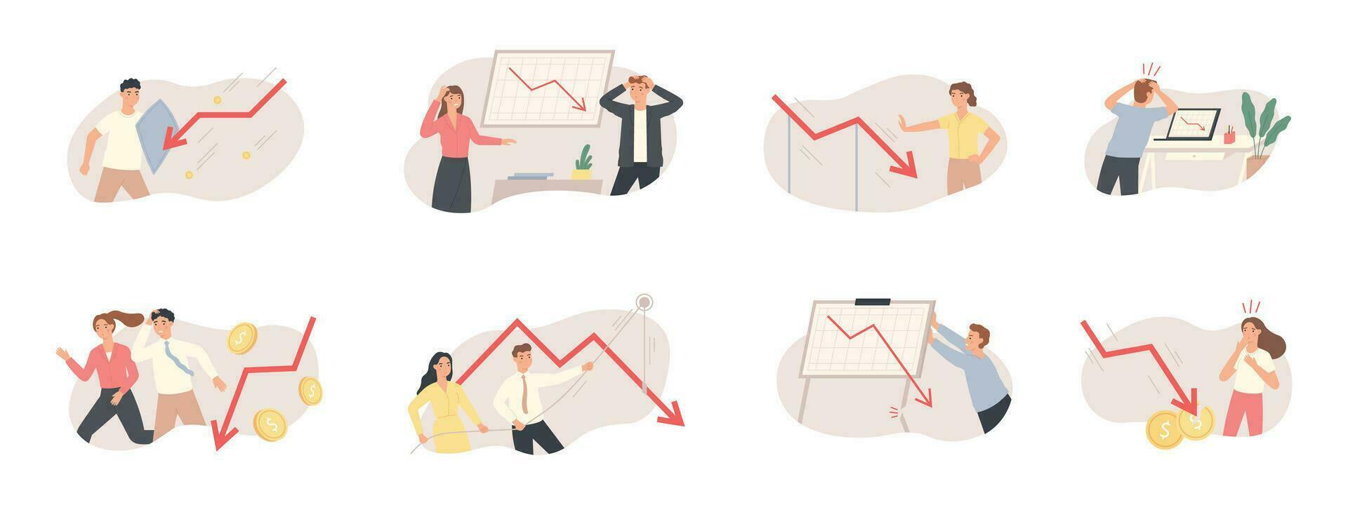 Finance decrease and crisis graph. Falling down business chart arrow, economic budget collapse, market risks and panic people vector set