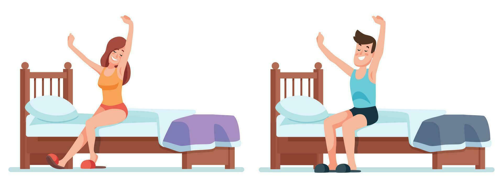 mujer y hombre despierta arriba. temprano ge arriba en dormitorio vector