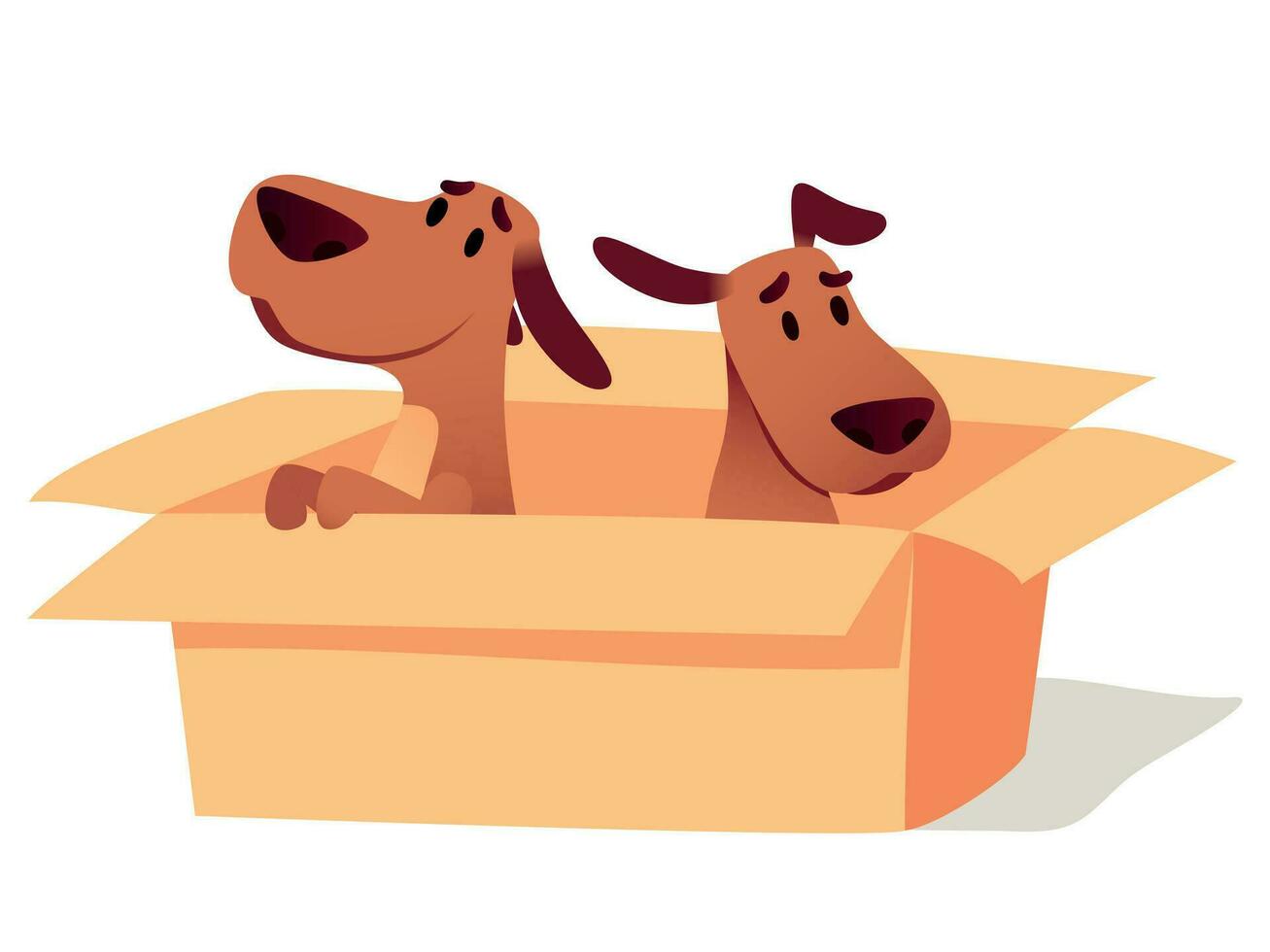 Dogs in cardboard box waiting for owner, adoption concept. Homeless cute puppy pets searching new home vector