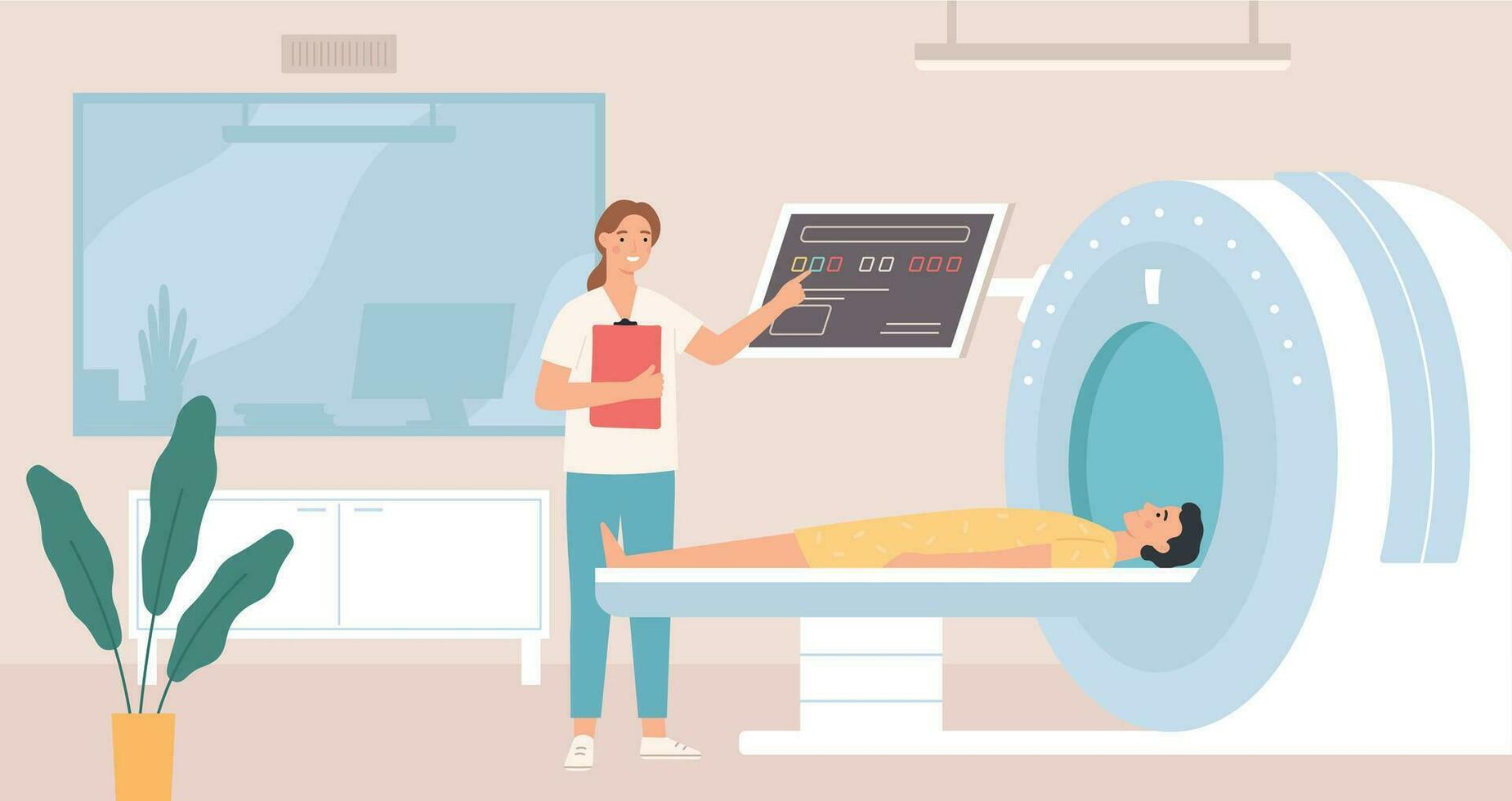 Magnetic resonance imaging. Patient having scan procedure in hospital with doctor examining results tomography, x ray scanner vector concept