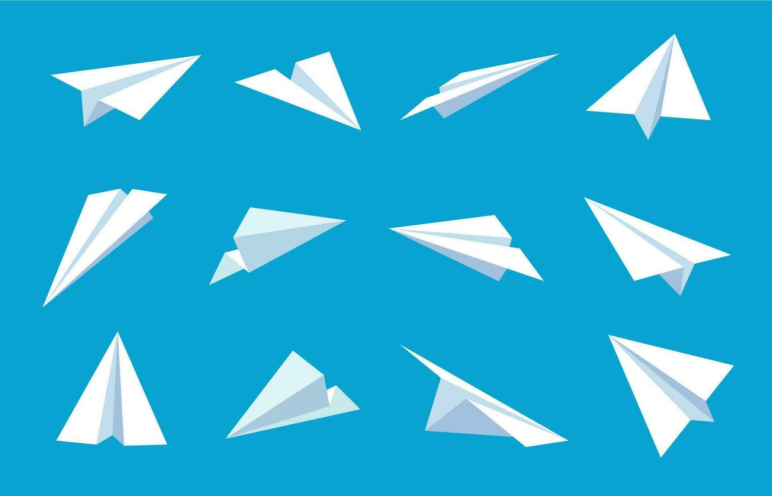 Paper plane. Flying planes in blue sky, white paper airplanes from different angles and direction, message or traveling flat vector symbols