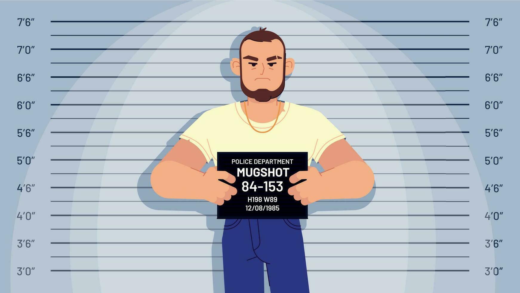 dibujos animados detenido gángster foto policial detenido delincuente sostiene tablero para identificación, foto en policía estación, sospechar perfil vector concepto