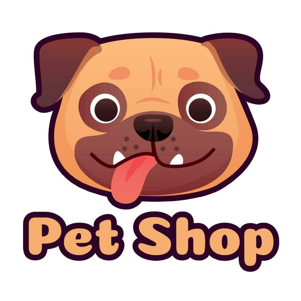 Pet shop logo design with pug face. Dog store selling goods and accessories for domestic animals, puppy head vector
