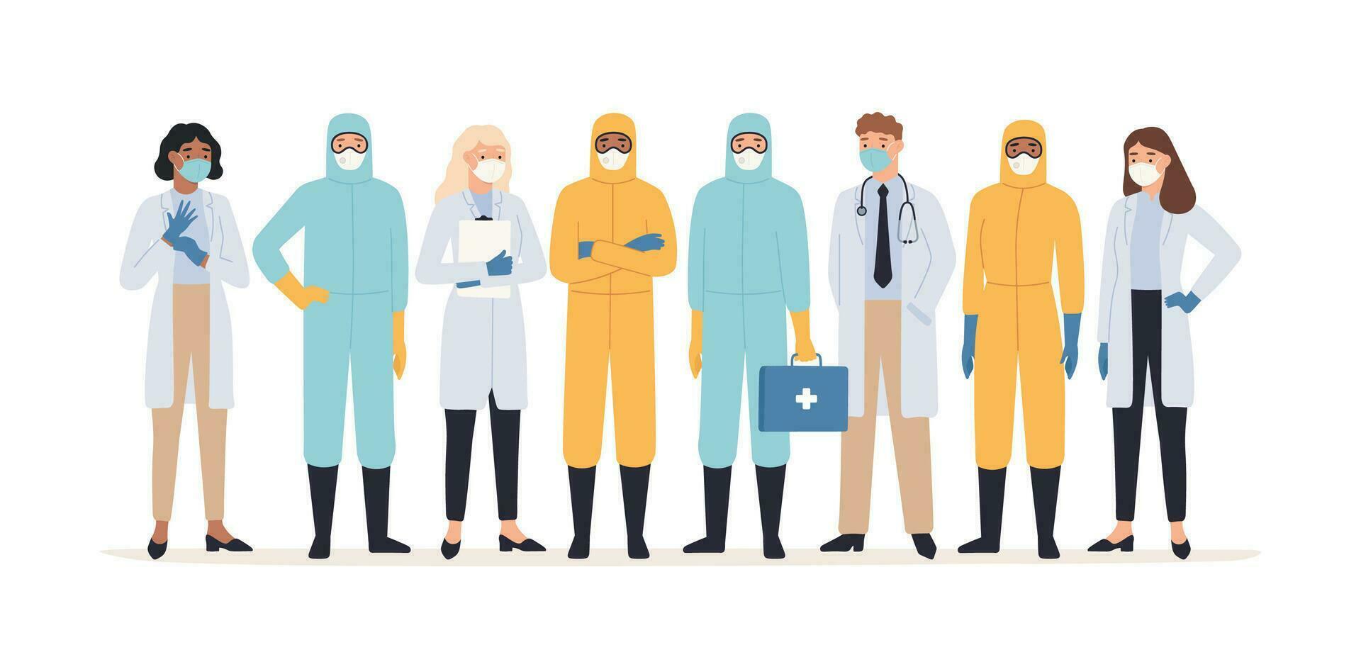 Medical workers. Professional doctors and nurses in protective suits standing together. Covid 19 virus outbreak pandemic vector concept