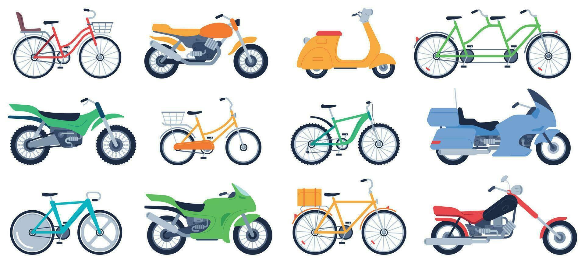 Flat motorbikes. Motorcycles, bikes and scooters, speed bicycle for delivery product, travel on vehicle, sports motocross vector set