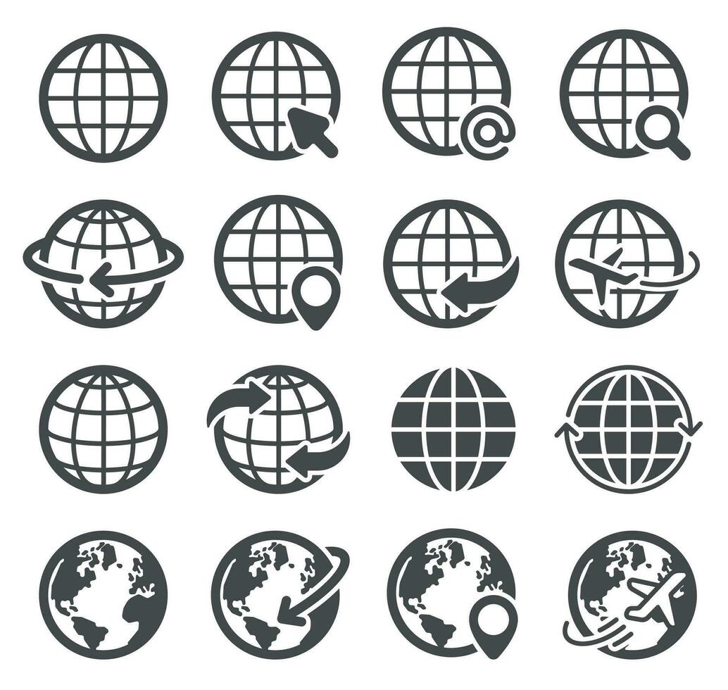 Globe icons set. World earth, worldwide map continents spherical planet, internet global communication pictograms, geography vector symbols