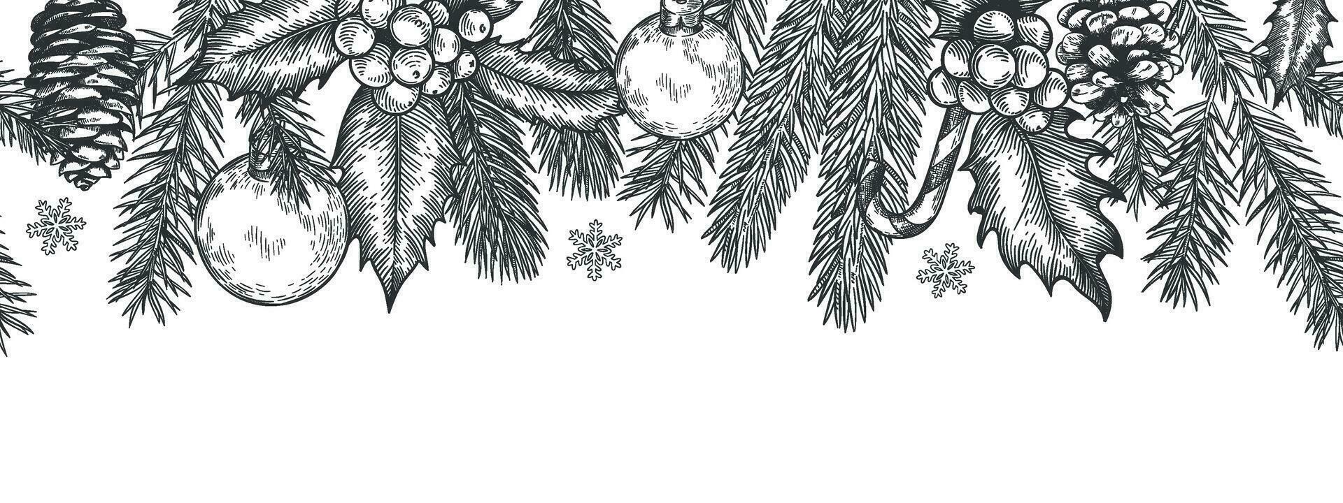 Navidad sin costura verde borde. horizontal bandera con Navidad árbol ramas guirnalda, acebo bayas y juguetes, elemento para festivo vector tarjeta