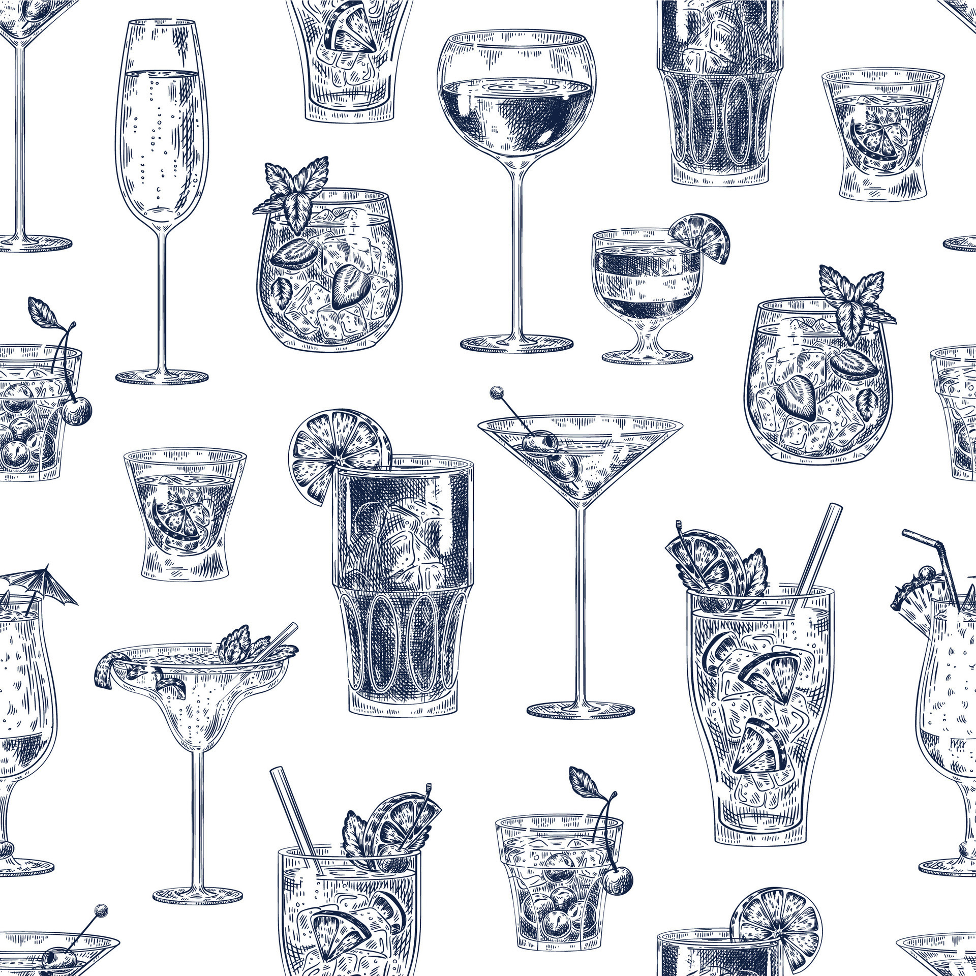 Cocktail seamless pattern. Hand drawn alcohol drinks cocktails with