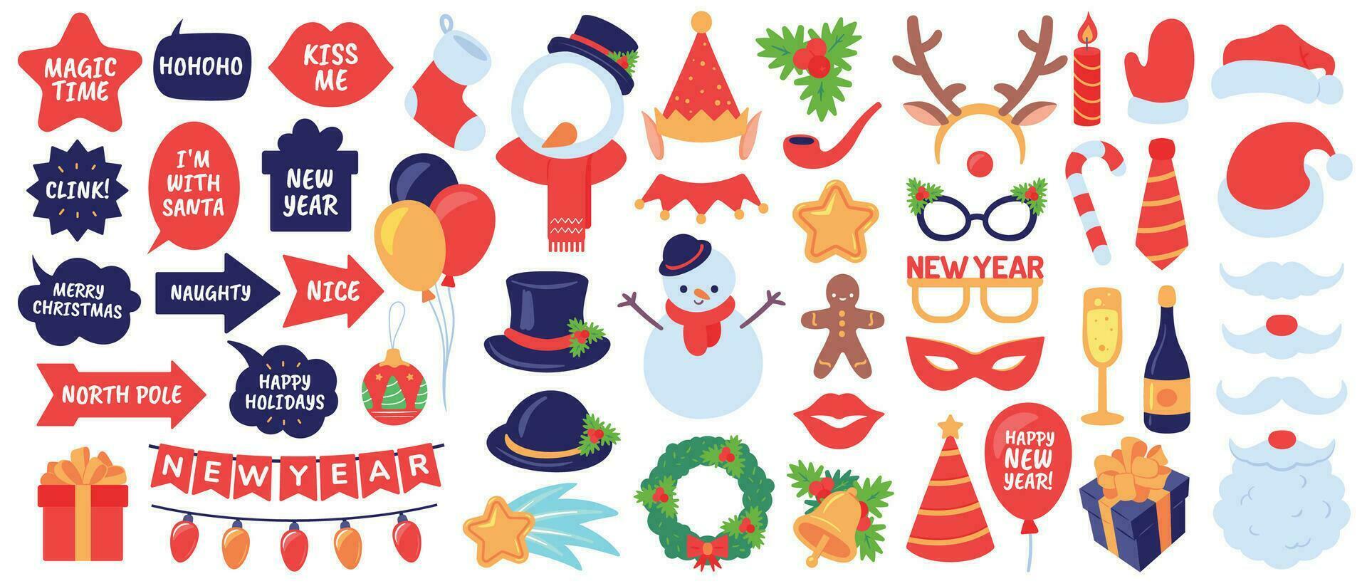 Christmas photo booth props. New year party, holiday decorative elements. Masks, hats and beard, snowman, gifts, stocking decor vector set